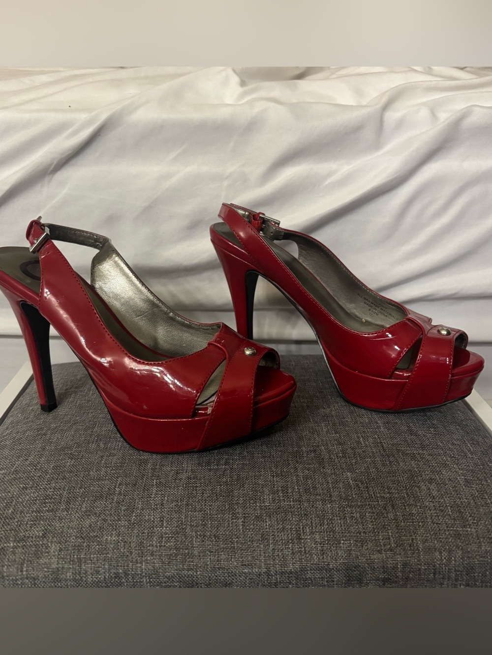 Guess Red Patent Peep-Toe Platform Slingback Heels